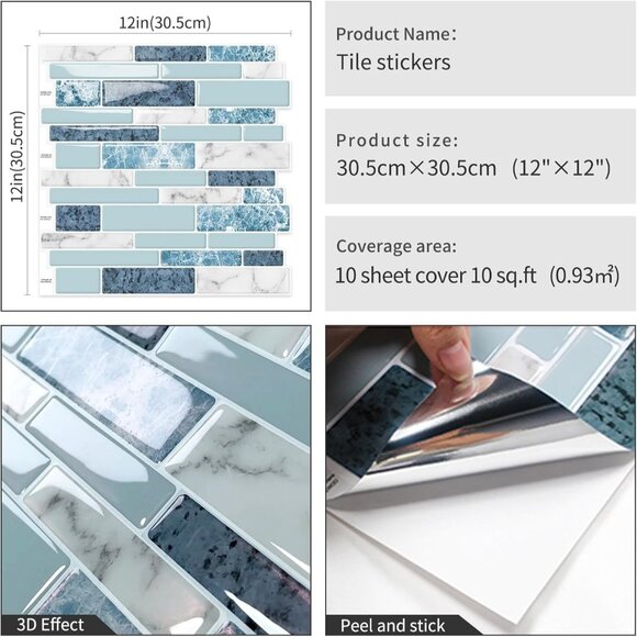 Peel Stick Adhesive Backsplash Marble Tile Stickers 3D Blue Teal 10 Sheet 12×12 - Picture 4 of 4